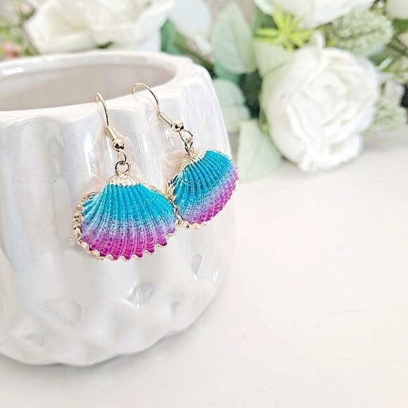 Gold statement earrings blue pink seashell boho mermaid beach tropical 💖 2/$30 - Picture 5 of 13